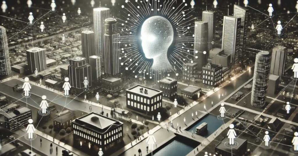 都市全体を監視する巨大なAIシステムの象徴的なイラスト。モノクロで表現され、街中の人々が点と線でつながり、AIがそれらを管理している様子が描かれている。