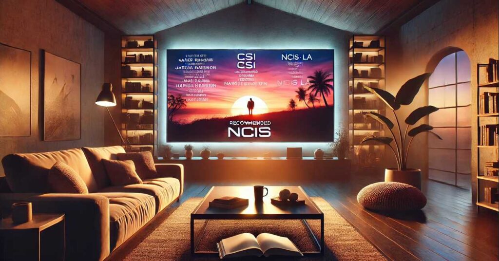 Huluで『NCIS ~ネイビー犯罪捜査班』を観終えた後のくつろぎを象徴するリビングルーム。夕日が差し込む中、テレビにはエンドクレジットが流れ、近くにはコーヒーマグとノートが置かれている。
