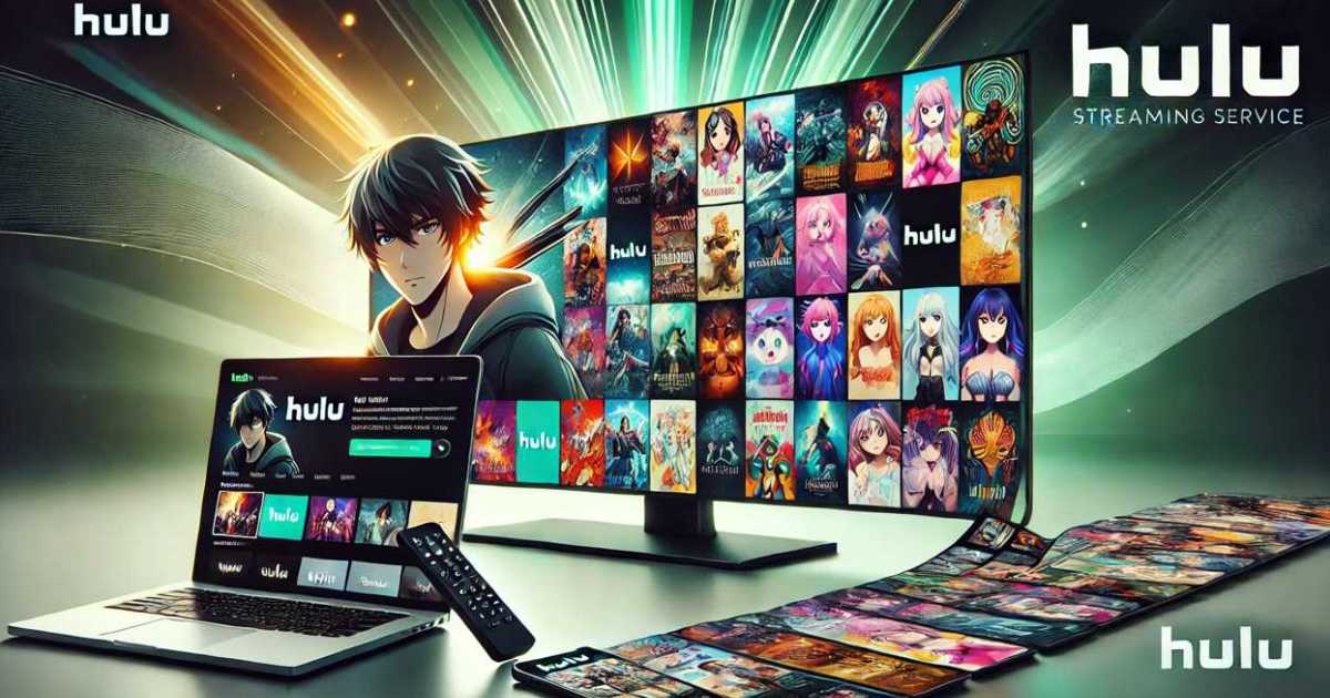 Huluの魅力を伝えるイラスト。テレビ、ラップトップ、スマートフォンの画面にHuluのインターフェースが表示されており、映画ポスター、ドラマ、アニメのサムネイルがカラフルに配置されています。背景はHuluのブランドカラーである緑と黒を基調としたデザインで、アクセス性とエンターテイメント性を強調しています。