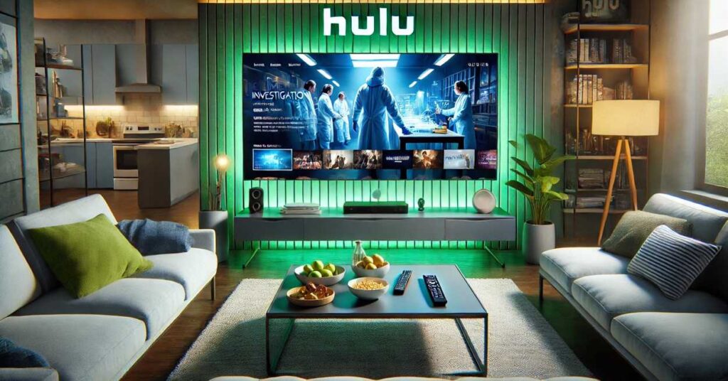 Huluでの視聴体験を象徴するリビングルーム。大画面テレビに犯罪捜査ドラマのシーンが映り、快適な座席とスナックが配置されたモダンな空間。