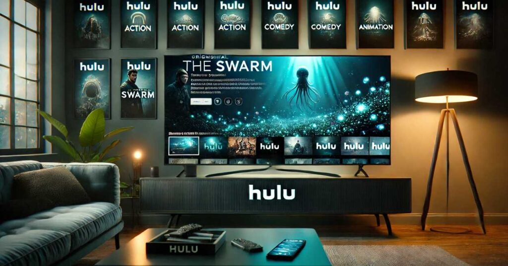 モダンなリビングルームで大画面テレビに映るHuluオリジナルドラマ『THE SWARM』のシーン。周囲には他のHuluジャンルのアイコンが並び、テーブルにはスマホとタブレットのHuluアプリ画面が見える。