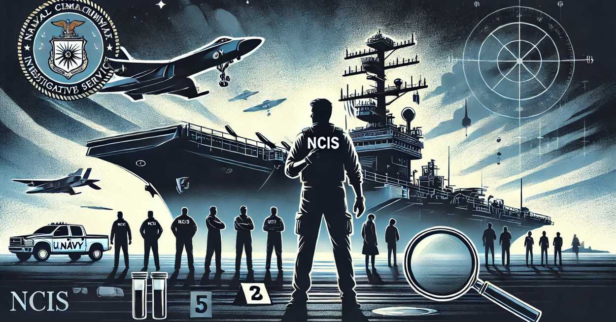NCISの紹介記事用バナー画像。アメリカ海軍の空母を背景に、捜査チームのシルエットが立ち、前景には証拠マーカーや法医学ツールが描かれている。ミステリアスな雰囲気の青と黒を基調としたデザイン。