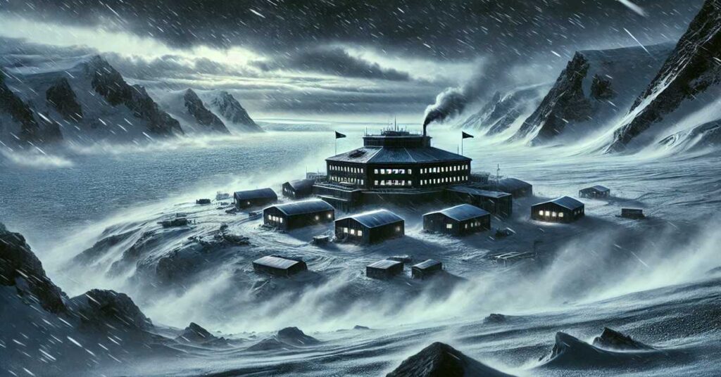南極の研究基地を描いた画像。広大な氷原の中にある孤立した基地の窓から微かな明かりが漏れ、吹雪が周囲を包んでいる。厳しい環境と孤独感が強調されたデザイン。