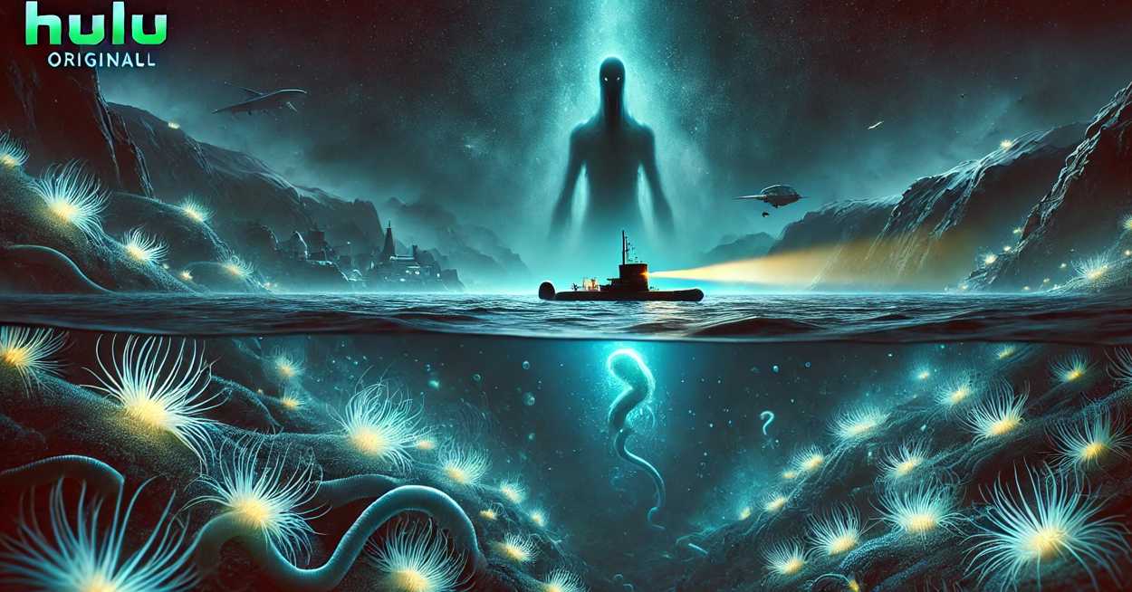Huluオリジナルドラマ『THE SWARM／ザ・スウォーム』をテーマにした深海のバナー画像。光る生物発光のアイスワームや海底地形、潜水艦、未知の巨大生命体が描かれている。