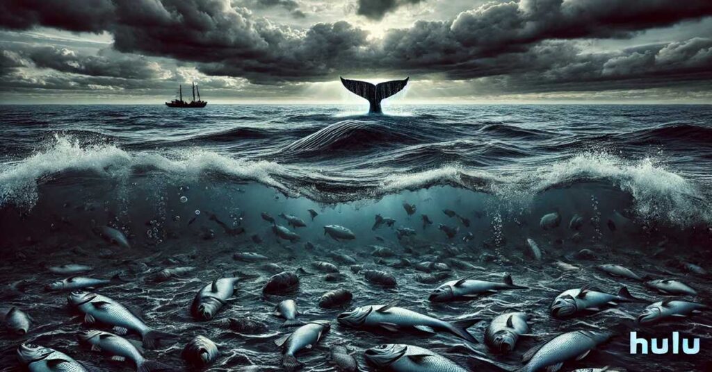 荒れた海と浮かぶ大量の死んだ魚、近くに現れるクジラの背びれ。嵐の空と薄暗い夕日が映す異常現象の緊迫感を表現。Huluオリジナル『THE SWARM』の物語冒頭を象徴する場面。