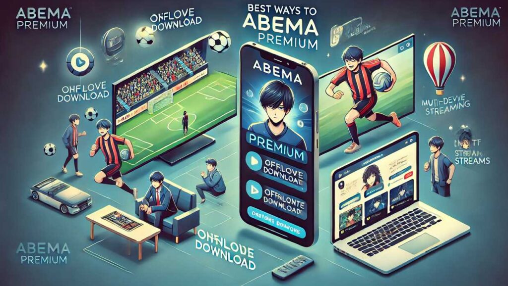 スマホ、テレビ、PCでABEMAプレミアムを楽しむ様子。オフラインダウンロード、リアルタイムコメント、マルチデバイス視聴の機能アイコン付き。