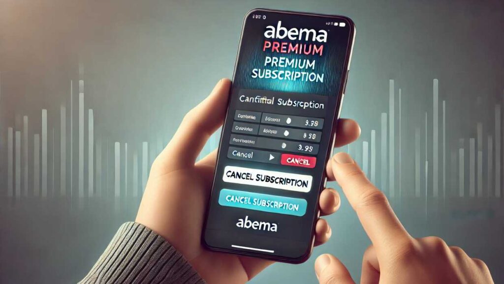 ABEMAプレミアムの解約プロセスを視覚化したイラスト。ユーザーがスマホ画面で解約ボタンを押している様子を表現し、背景にはABEMAのロゴやストリーミング画面が淡く表示されている。