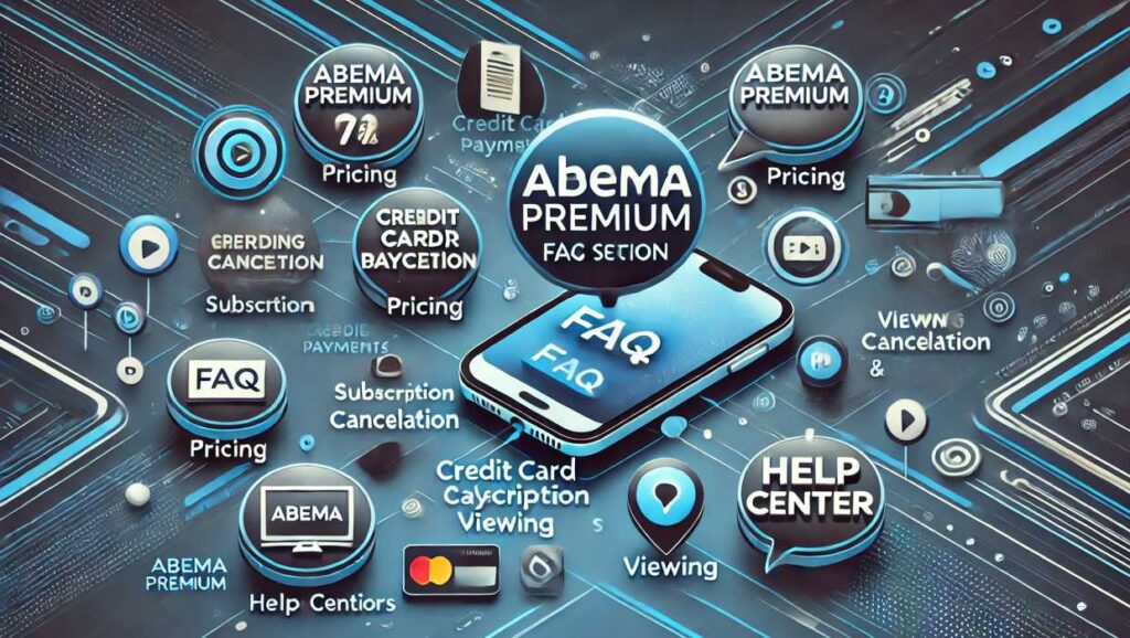 ABEMAプレミアムのFAQを説明するデジタルインフォグラフィック。スマートフォン画面にABEMAアプリが表示され、価格や解約、視聴方法に関する質問が吹き出しで示されています。
