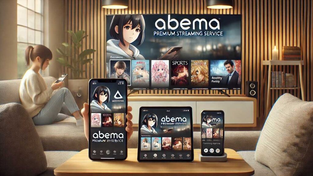 スマートフォン、タブレット、スマートTVでABEMAプレミアムのインターフェースを表示。快適な視聴環境の中で、多彩な番組を楽しむユーザーの様子を表現。
