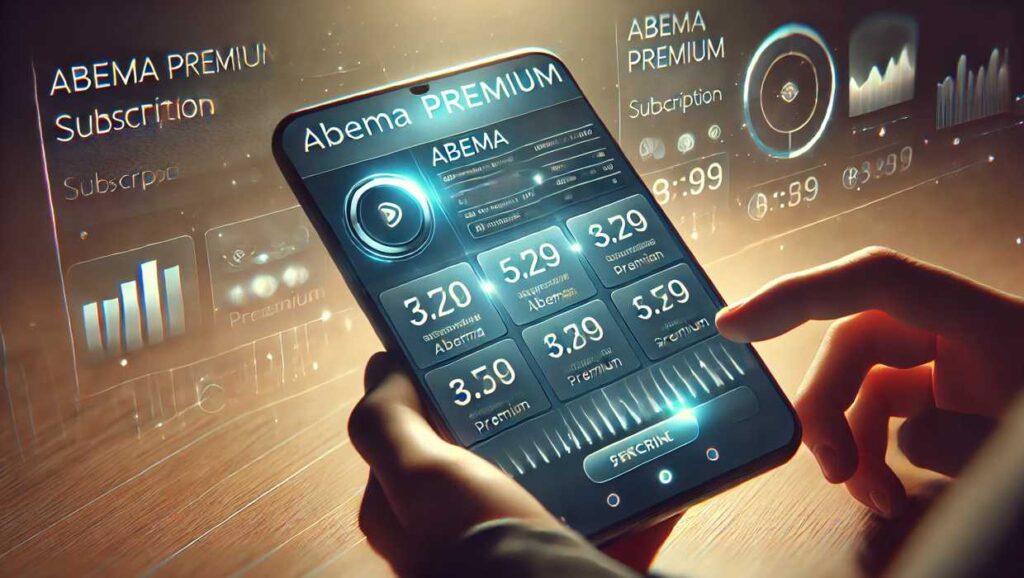ABEMAプレミアムの料金プランを比較し、適切なプランを選択するユーザーのデジタルイラスト。背景にはABEMAのロゴとストリーミング画面がうっすら表示され、ABEMAのサービス選択を象徴。
