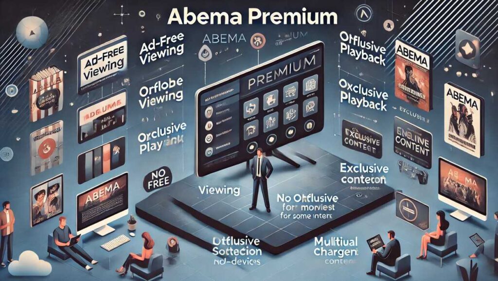 ABEMAプレミアムのメリットとデメリットを視覚的に比較したインフォグラフィック。広告なし、オフライン再生、独占コンテンツ、複数端末対応といったメリットと、無料期間なし、映画コンテンツの少なさ、一部コンテンツの追加課金などのデメリットを対比。