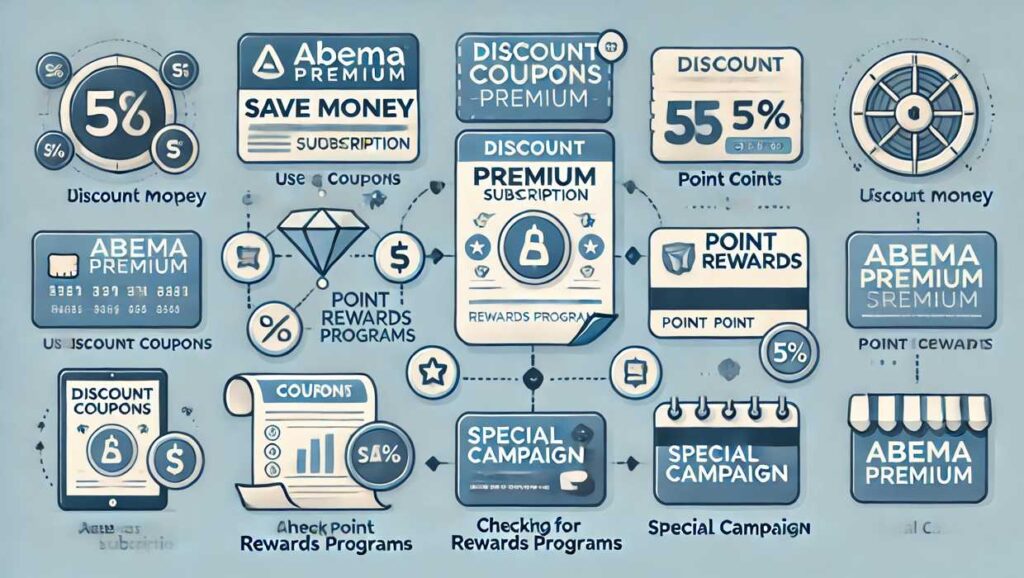 ABEMAプレミアムの料金を節約する方法をインフォグラフィックで表現。割引クーポン、ポイント還元、キャンペーン利用などのアイコン付き。