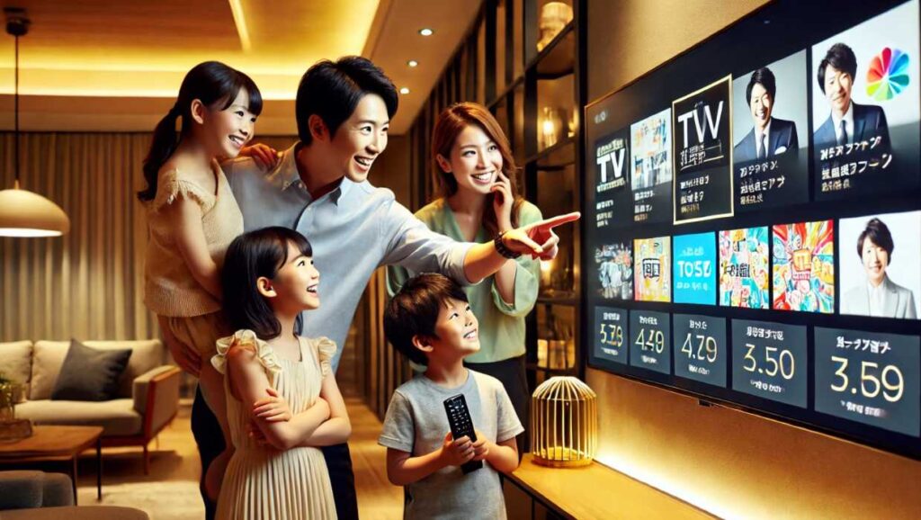 父親がテレビ画面を指しながら説明し、母親と子供たちが興味津々で聞いている。