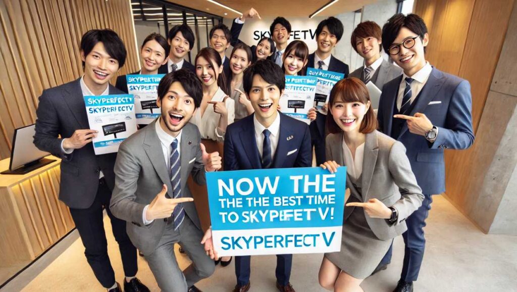 スカパー!明るいオフィスで特別キャンペーンを宣伝。「今がベストタイミング!」と笑顔で呼びかけ、お得な情報を伝えている様子を描いています。