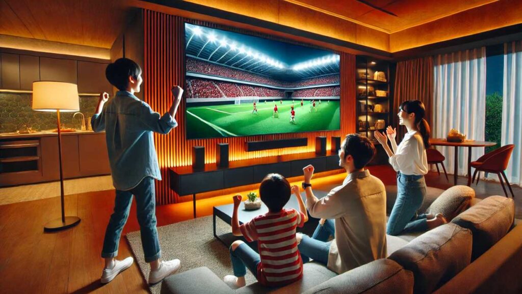 リビングで、家族が一緒にサッカーの試合を観戦。ゴールの瞬間、父と息子は拳を突き上げ、母と娘は拍手しながら歓喜の表情を浮かべる。まるでスタジアムにいるかのような熱気に包まれたシーン。