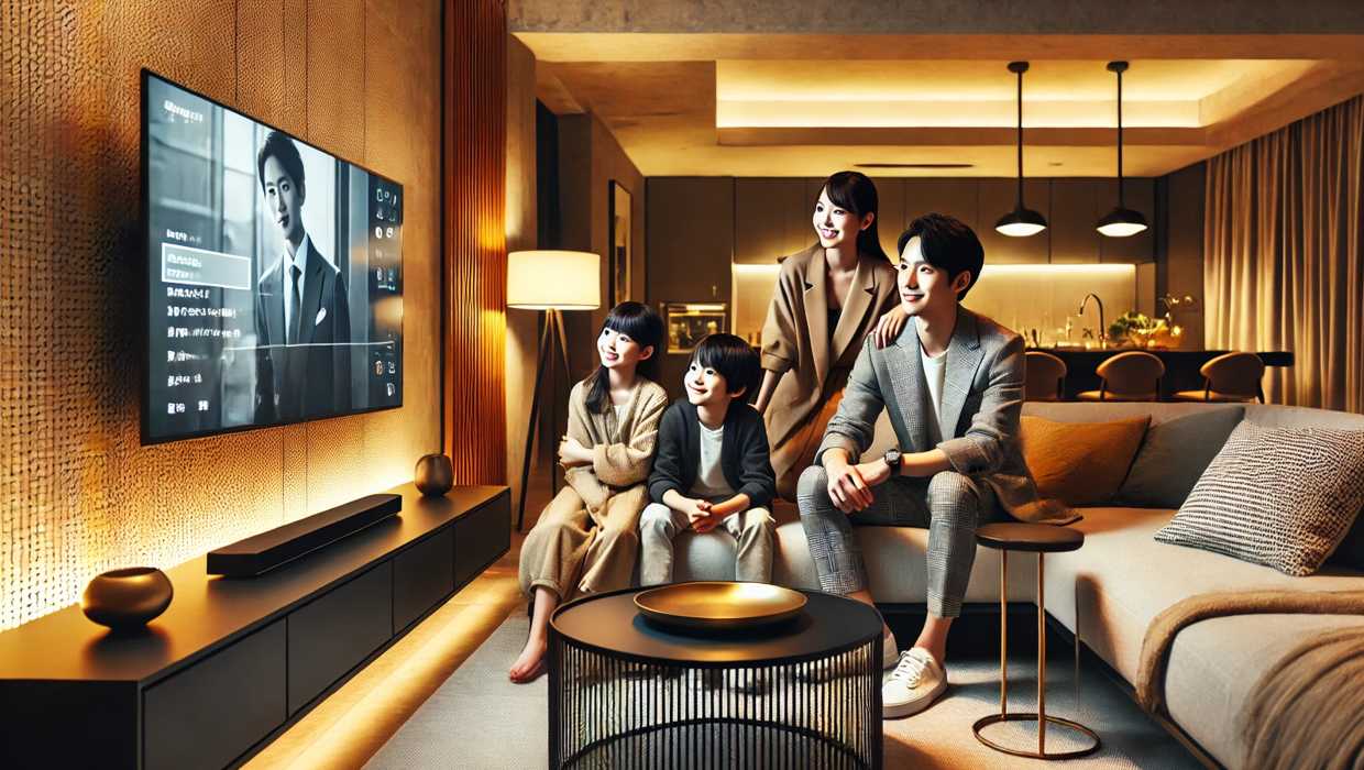 東京のモダンなリビングルームでテレビを楽しむ家族