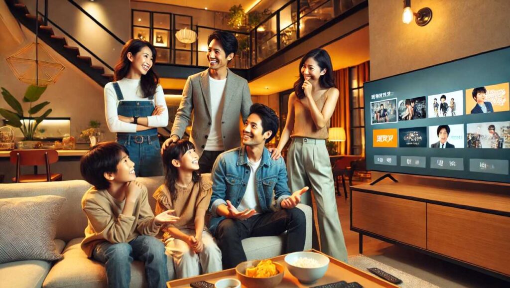 大型スクリーンには多彩な番組が映し出され、家族全員がワクワクした表情で新しいコンテンツについて話し合っています。温かみのある照明と洗練されたインテリアが、心地よい団らんの時間を演出します。